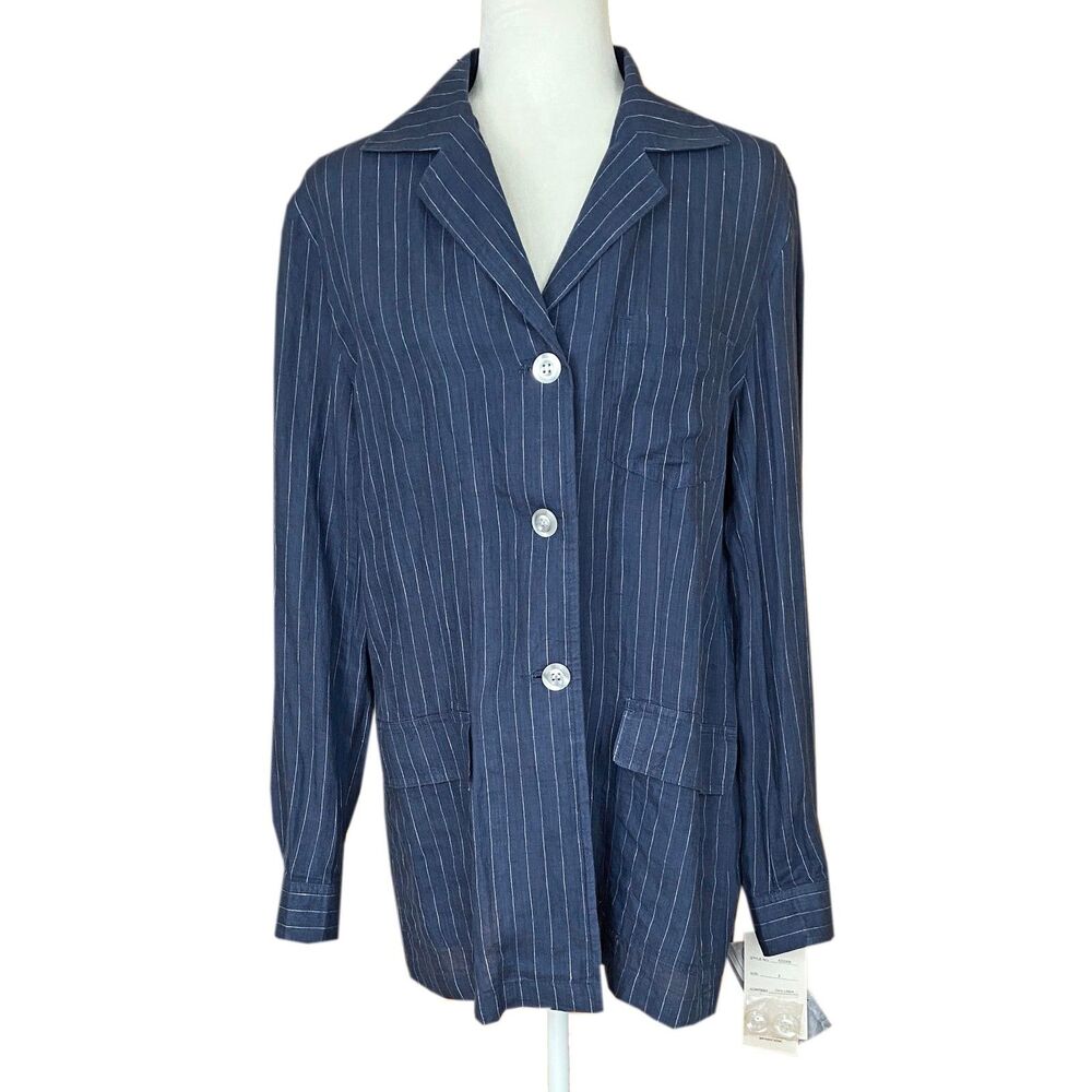 Willi Smith Blazer Jacket Size 8 Blue Pinstripe Linen Unlined Preppy Coastal NEW